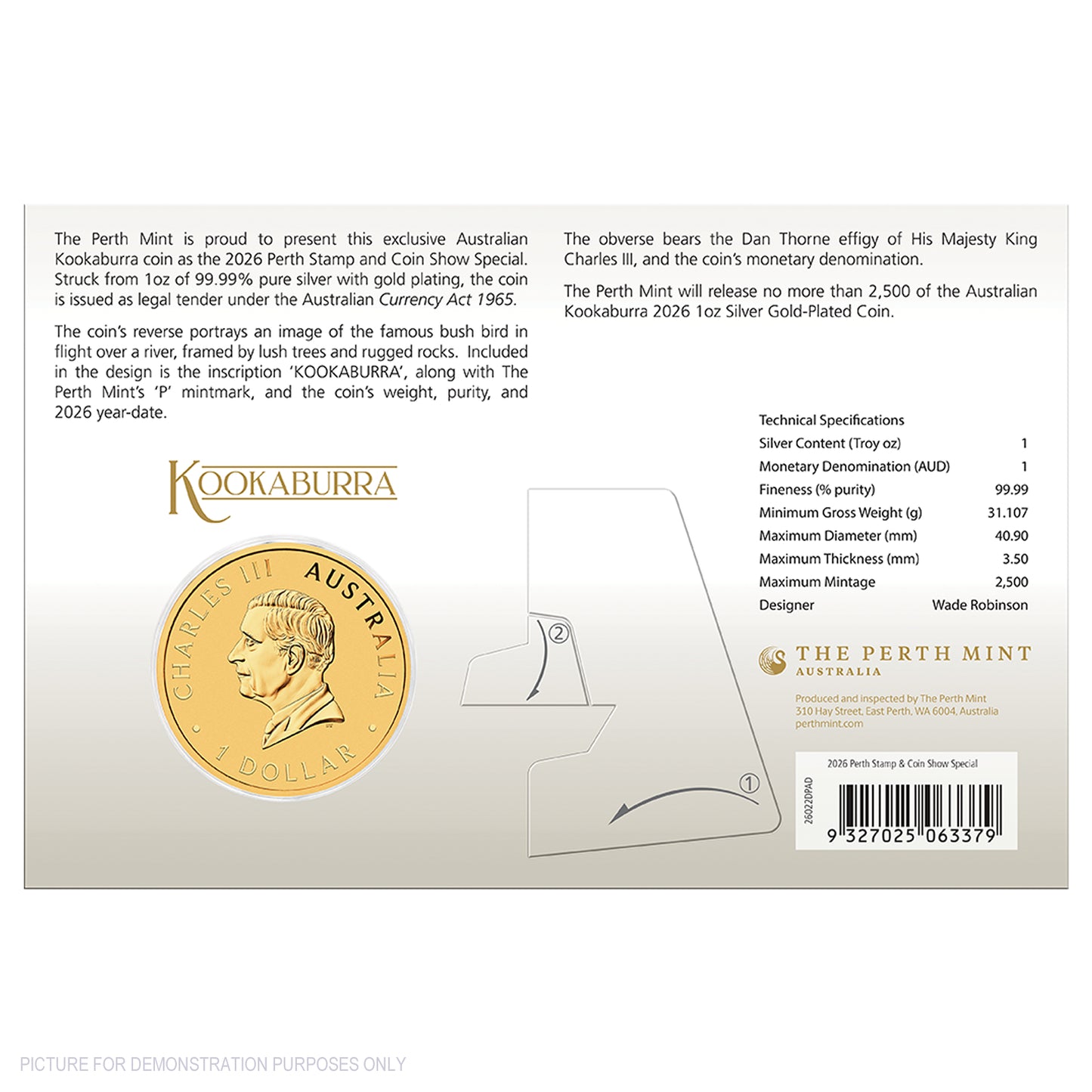 2026 Perth Mint Kookaburra 2026 1oz Silver Gold-Plated Coin in Card - Perth Stamp & Coin Show