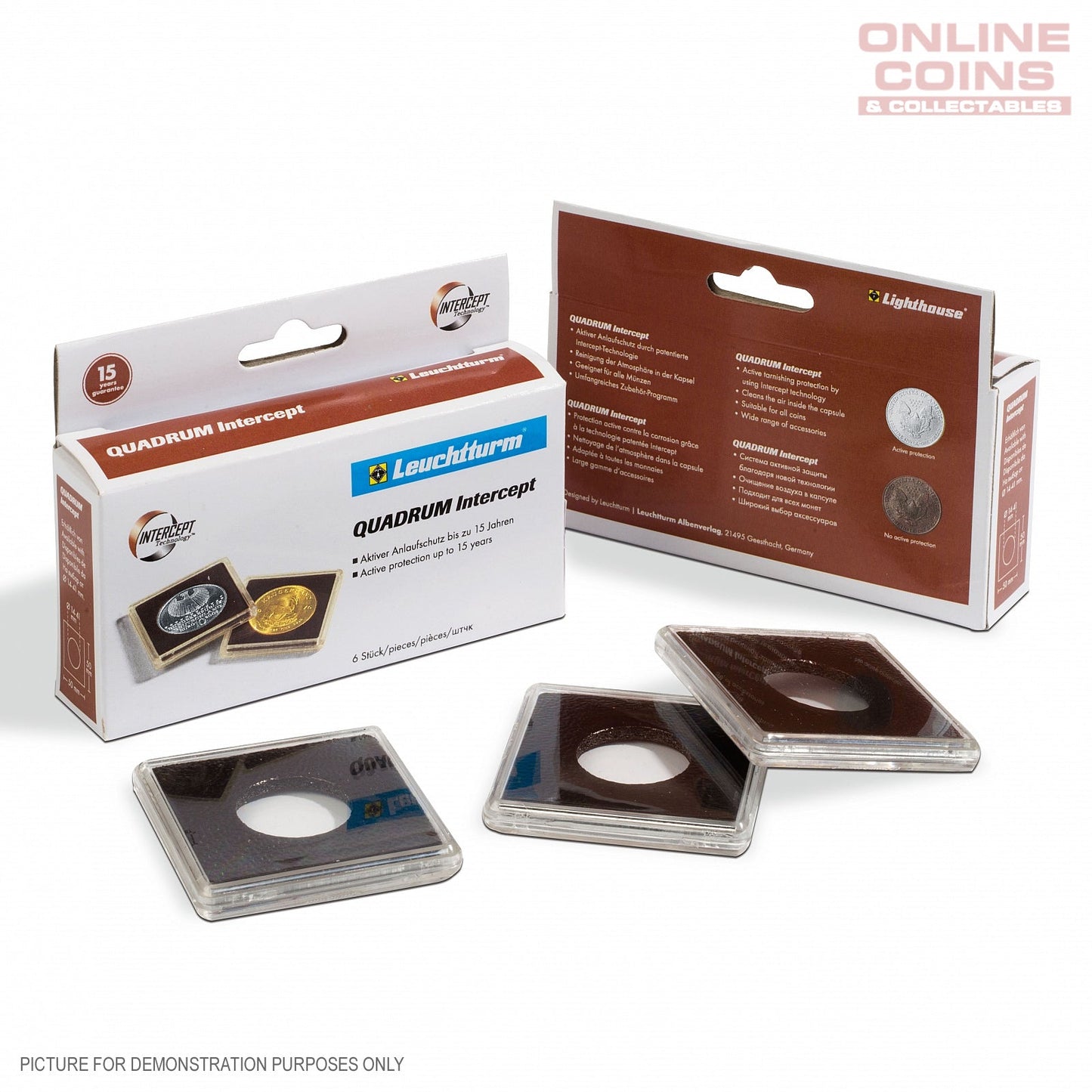 15 YEAR PROTECTION - Lighthouse Quadrum INTERCEPT 18mm Square Coin Capsules - Packet of 6 (Suits 1c Coins)