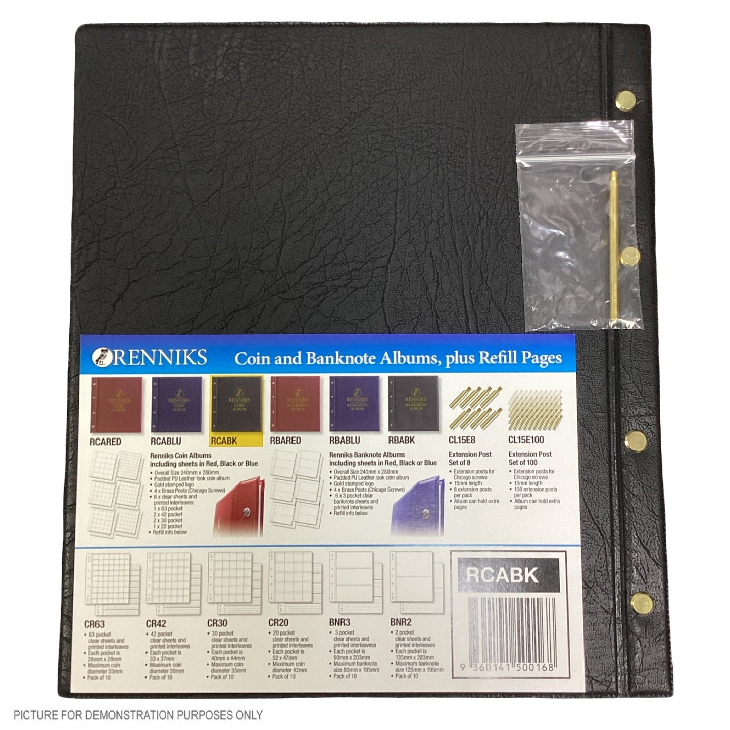 Renniks Coin Album- BLACK- Includes 6 Pages- Holds 225 COins (TINY POSTS) (Copy)