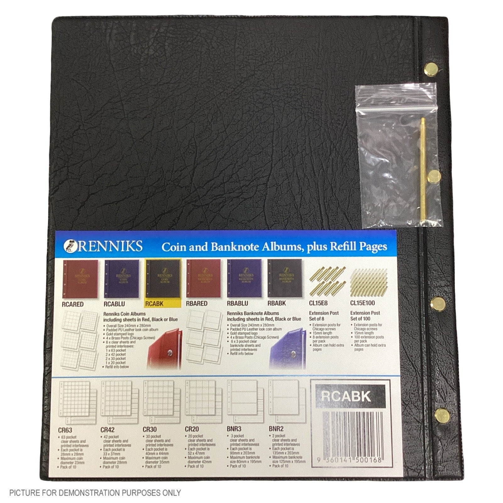 Renniks Coin Album- BLACK- Includes 6 Pages- Holds 225 COins (TINY POSTS) (Copy)