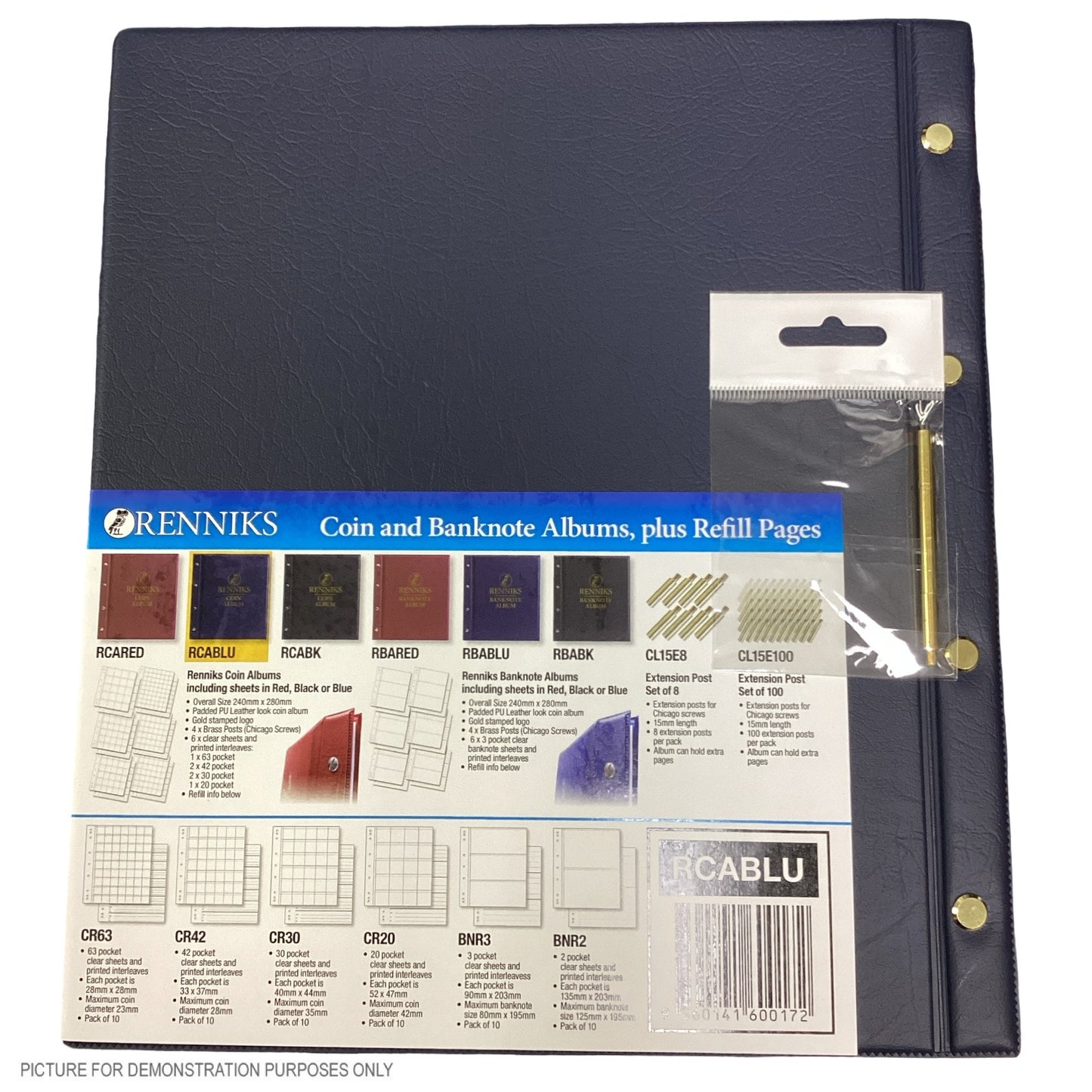 Renniks Coin Album- BLUE- Includes 6 Pages- Holds 225 COins (TINY POSTS)