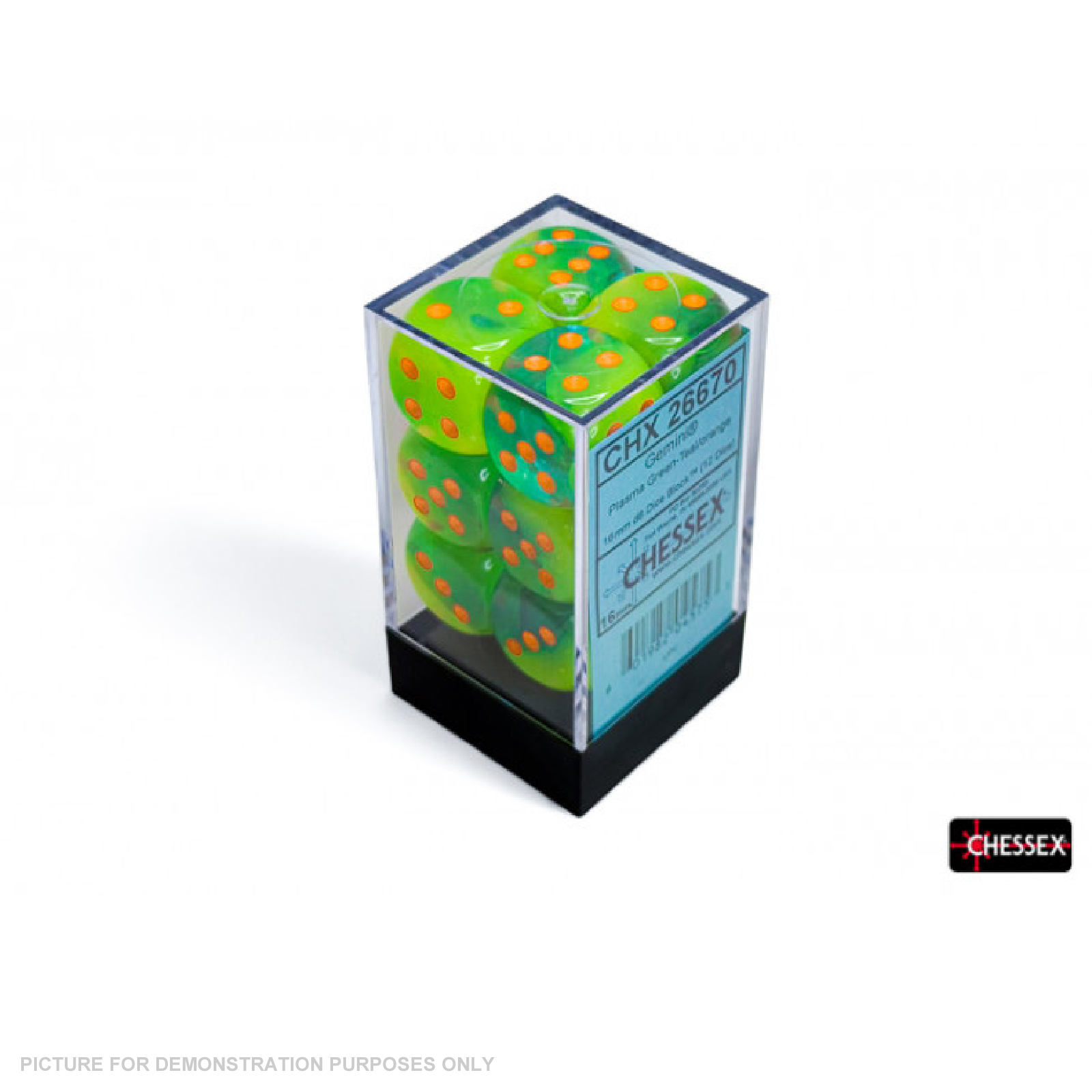 Chessex - Gemini 16mm D6 Plasma Green-Teal/Orange Luminary Dice Block (12 Dice)