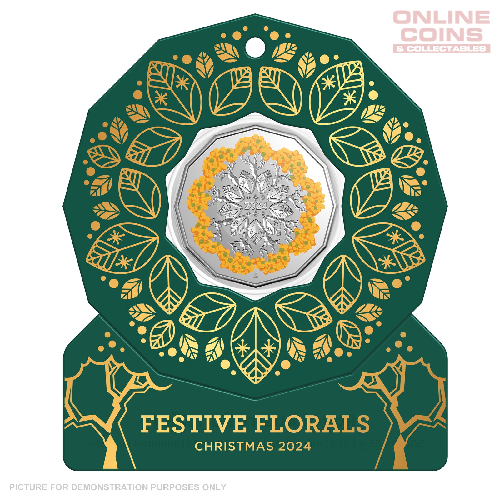 2024 50c CuNi Coloured Uncirculated Carded Coin - Christmas Decoration Festive Floral GREEN