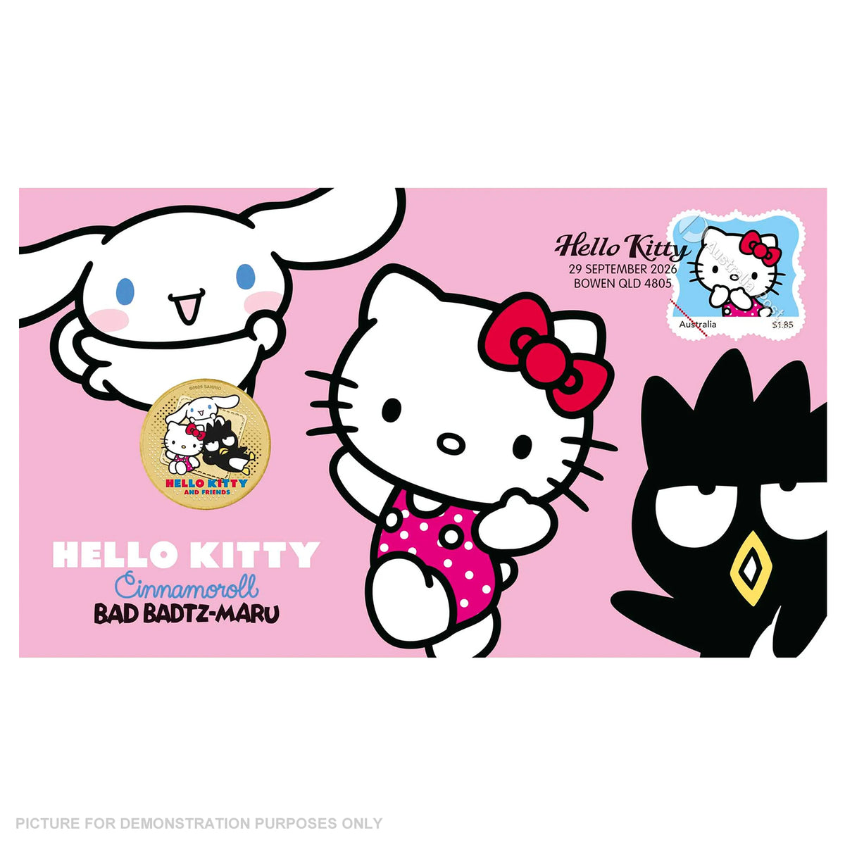 2026 - Perth Mint - Hello Kitty, Cinnamoroll & Badtz-Maru Stamp and Coloured Coin Cover