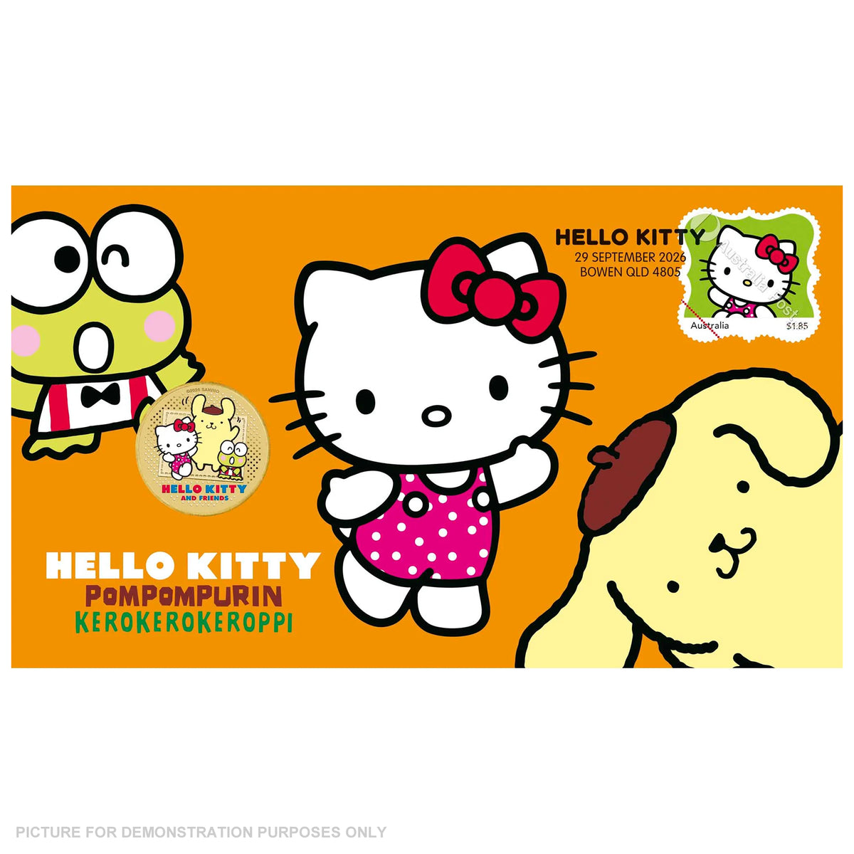 2026 - Perth Mint - Hello Kitty, Pompompurin and Kerokerokeroppi Stamp and Coloured Coin Cover