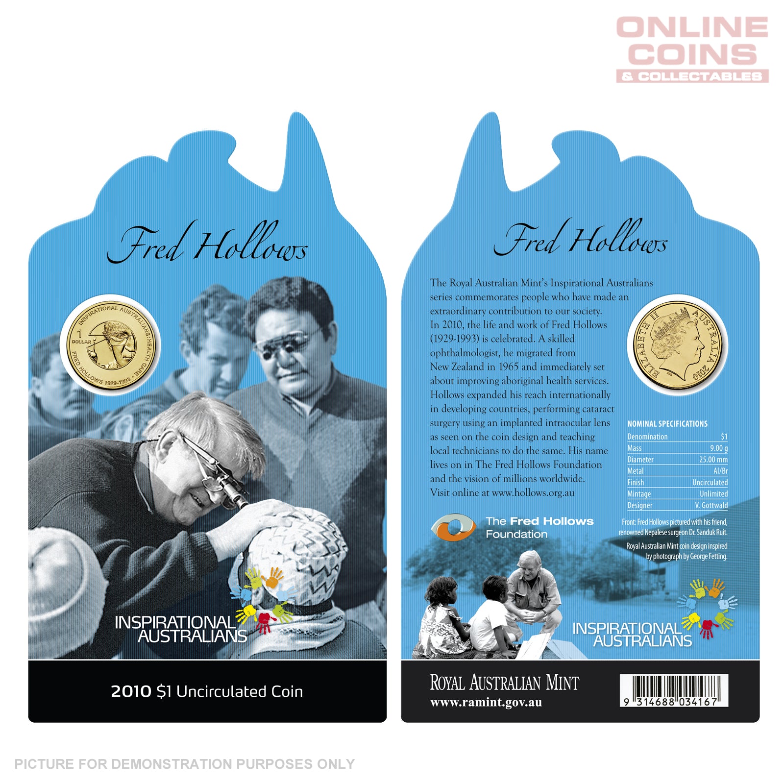 2010 Royal Australian Mint - Inspirational Australians - Fred Hollows - Uncirculated $1 carded coin