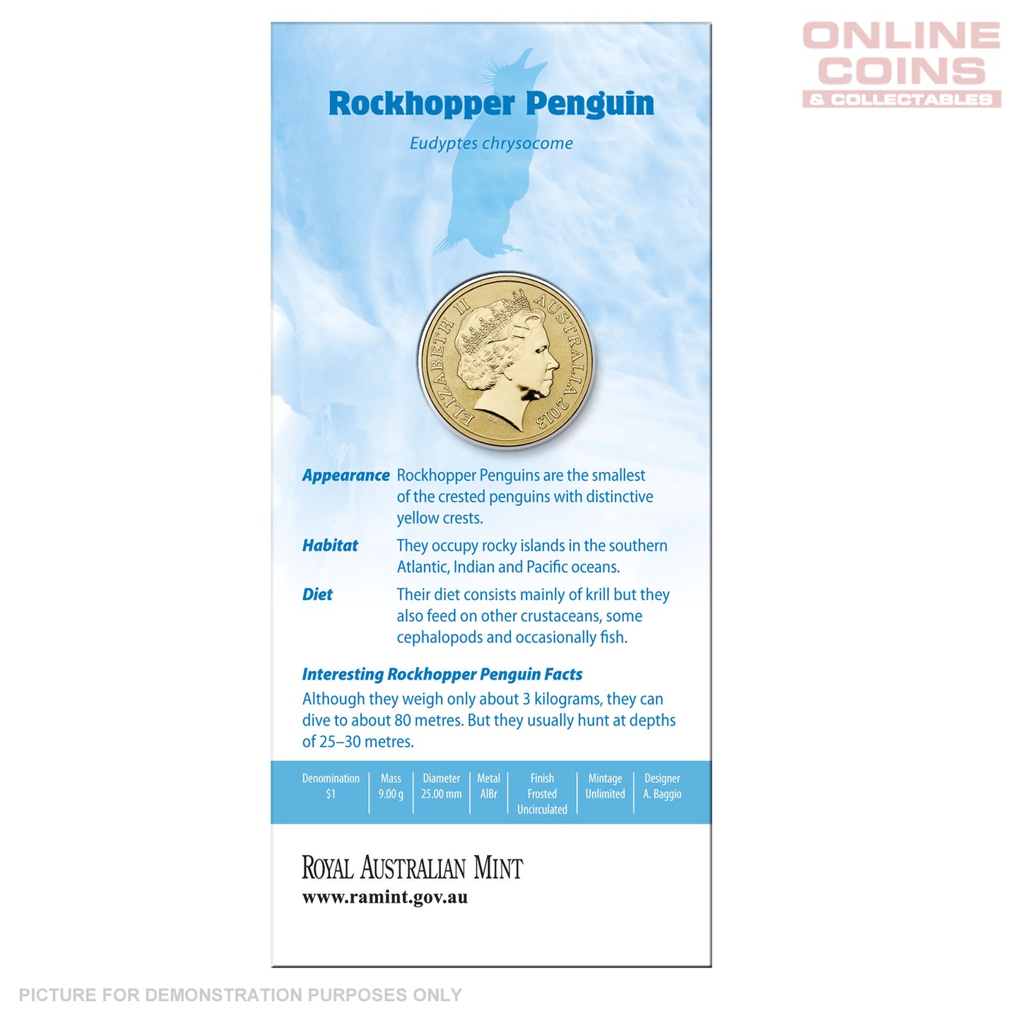 2013 $1 AlBr Uncirculated Carded Coin - Polar Animals Series - Rockhopper Penguin