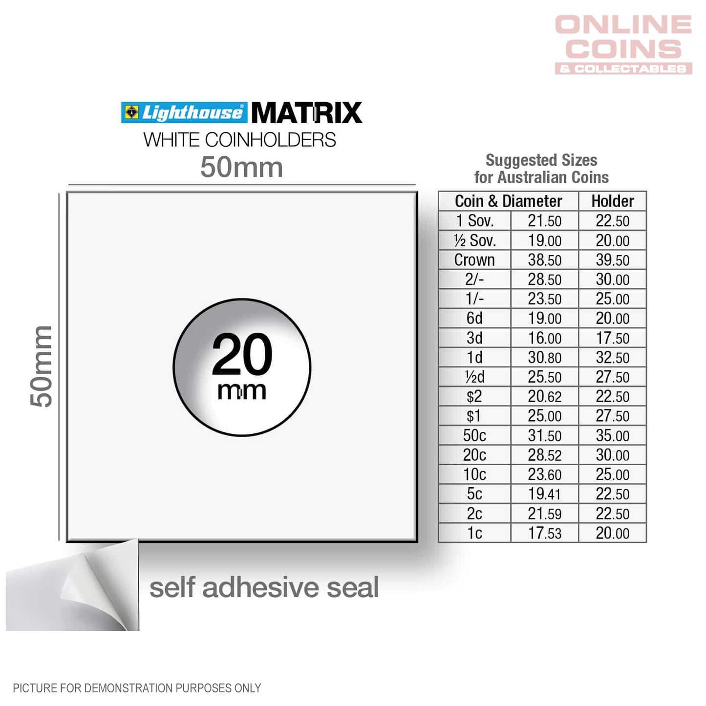 Lighthouse MATRIX WHITE 20mm Self Adhesive 2"x2" Coin Holders (Suitable For Australian 1c, 5c, Sixpence And Half Sovereigns)