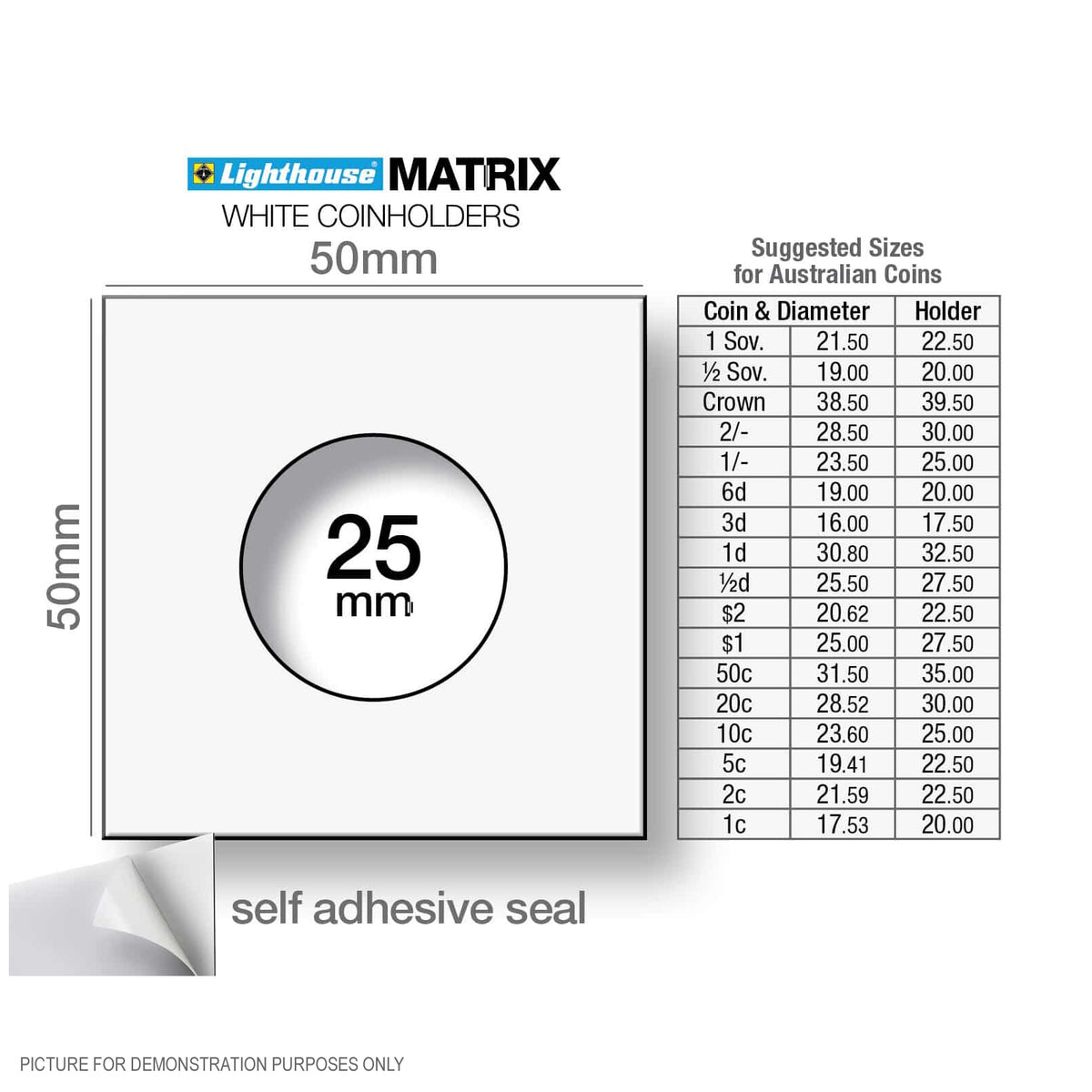 Lighthouse MATRIX WHITE 25mm Self Adhesive 2"x2" Coin Holders - Unboxed x 100 (Suitable For Australian 10c Coins And Shillings)