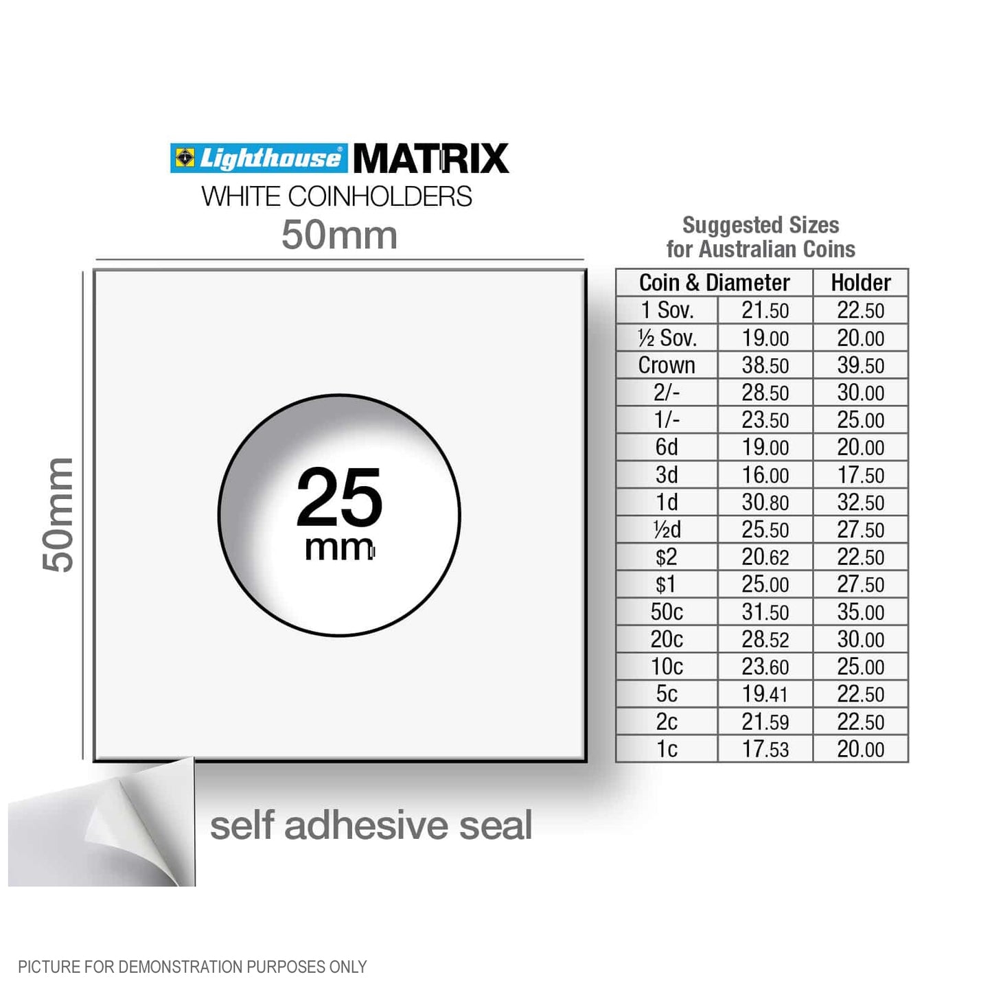 Lighthouse MATRIX WHITE 25mm Self Adhesive 2"x2" Coin Holders - Protection for your Coins (Suitable For Australian 10c Coins And Shillings)