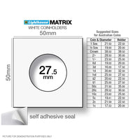 Lighthouse MATRIX WHITE 27.5mm Self Adhesive 2"x2" Coin Holders - Unboxed x 100 (Suitable For Australian $1 Coins and Half-Pennies)