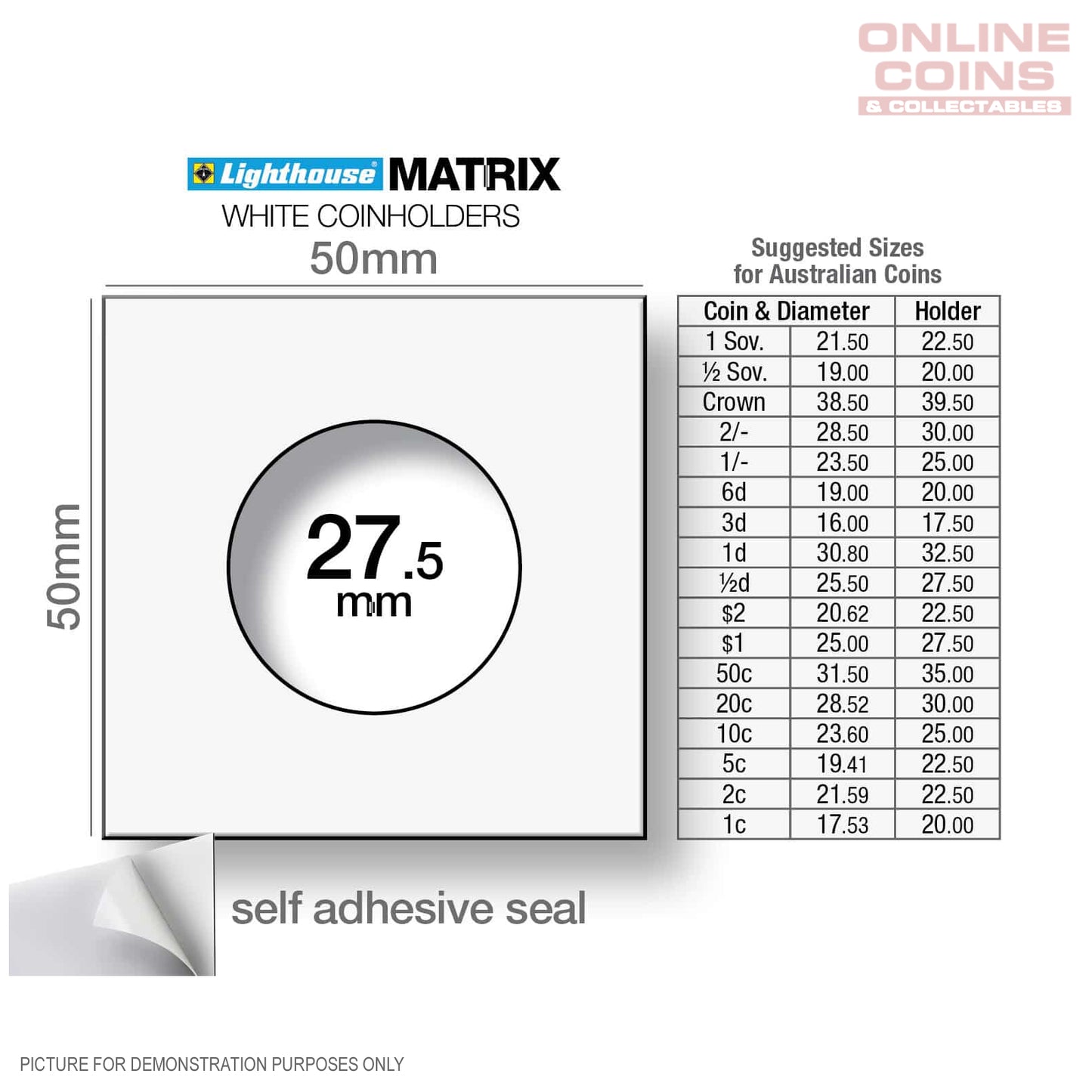 Lighthouse MATRIX WHITE 27.5mm Self Adhesive 2"x2" Coin Holders (Suitable For Australian $1 Coins and Half-Pennies)