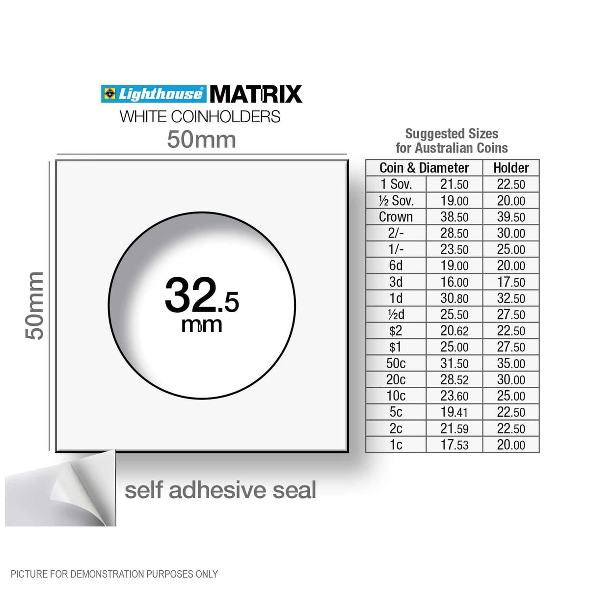 Lighthouse MATRIX WHITE 32.5mm Self Adhesive 2"x2" Coin Holders - Unboxed x 100 (Suitable For Australian ROUND 50c Coins And Pennies)