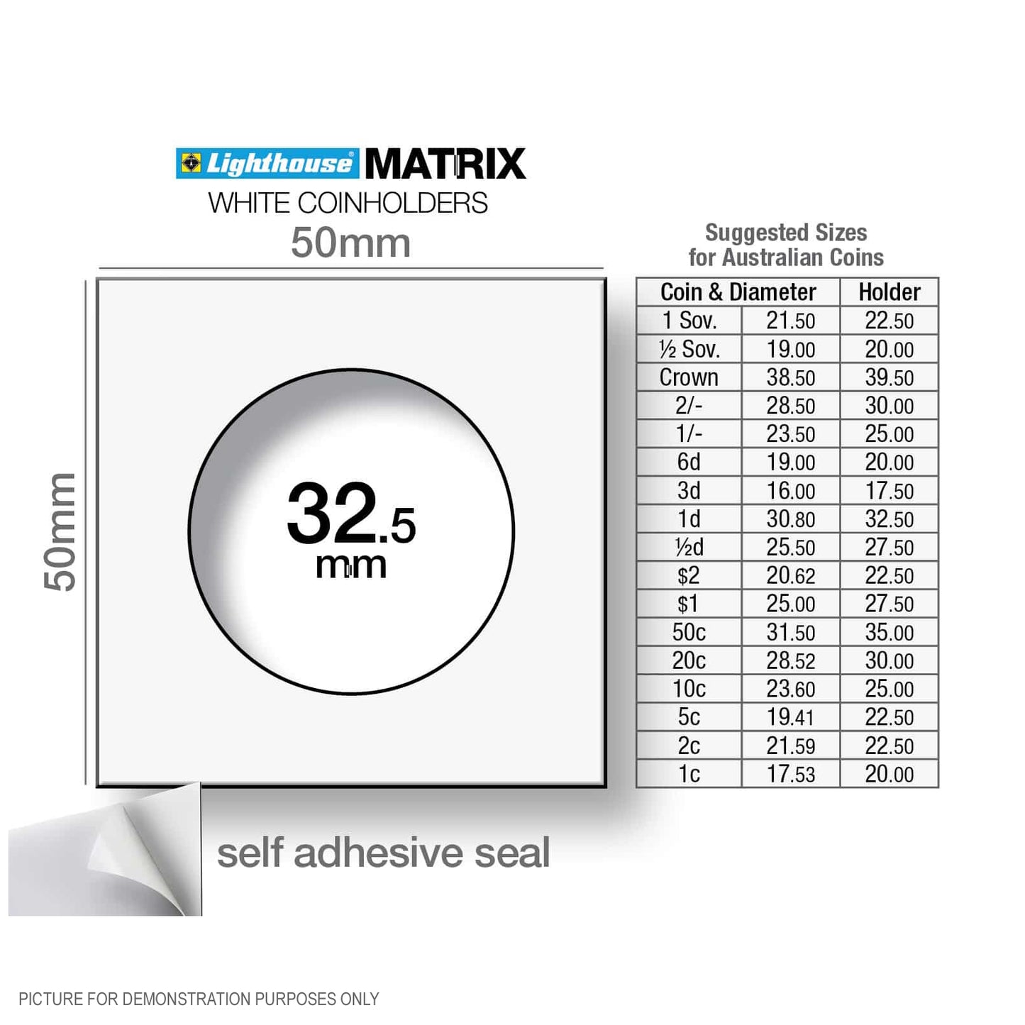 Lighthouse MATRIX WHITE 32.5mm Self Adhesive 2"x2" Coin Holders - Protection for your Coins (Suitable For Australian ROUND 50c Coins And Pennies)