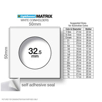 Lighthouse MATRIX WHITE 32.5mm Self Adhesive 2"x2" Coin Holders - Protection for your Coins (Suitable For Australian ROUND 50c Coins And Pennies)