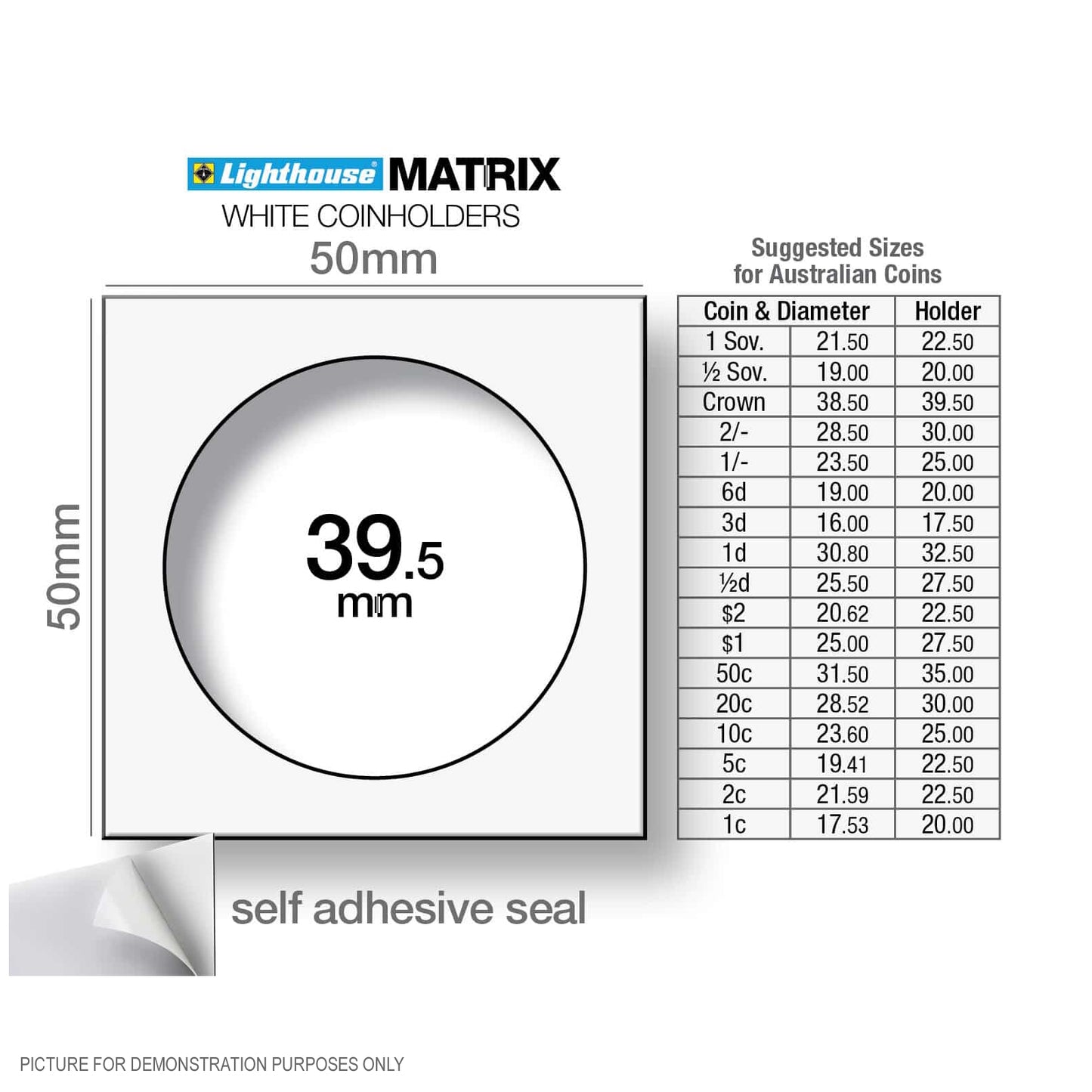Lighthouse MATRIX WHITE 39.5mm Self Adhesive 2"x2" Coin Holders - Protection for your Coins (Suitable For Australian Crowns)