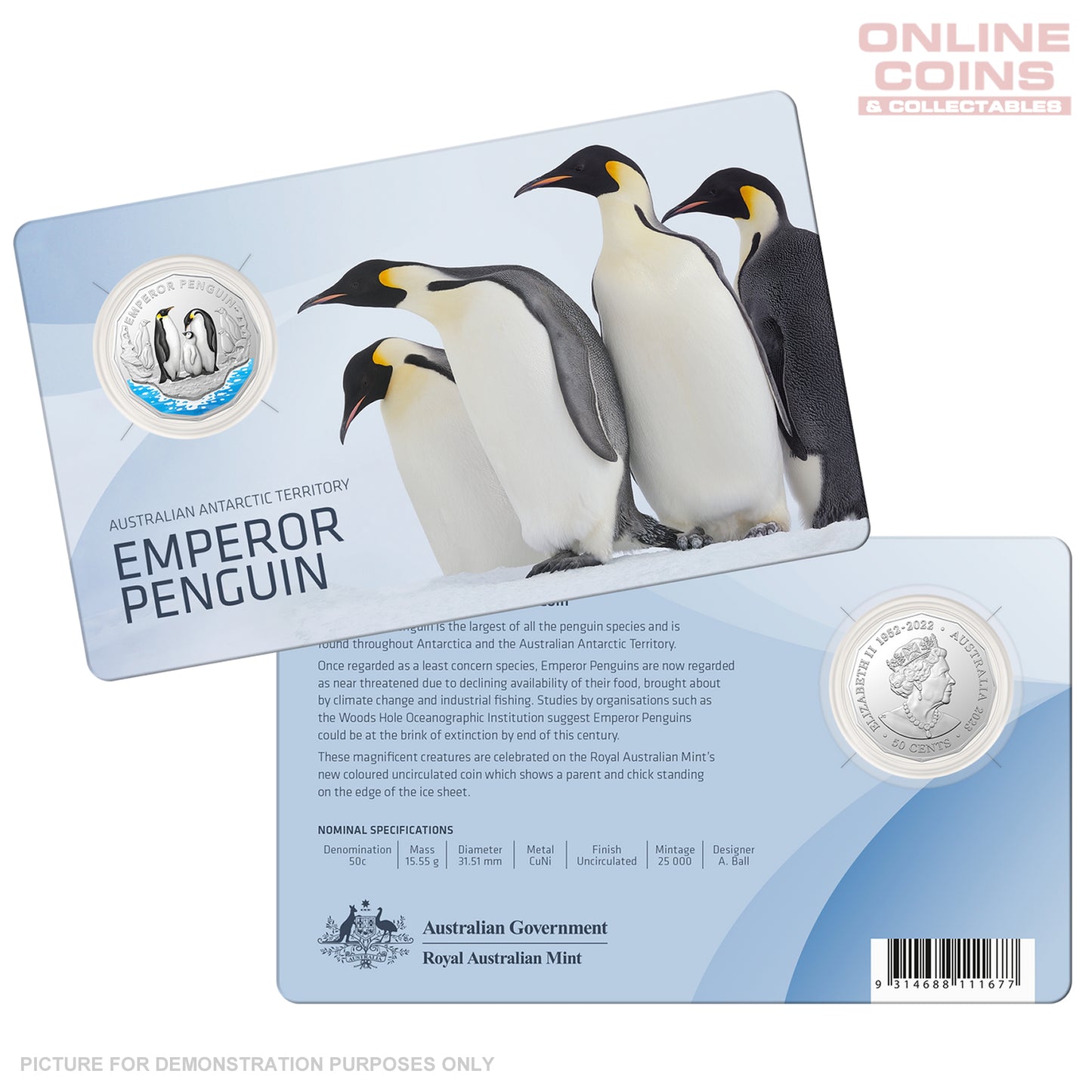 2023 Royal Australian Mint 50c Coloured Emperor Penguin Coin In Card