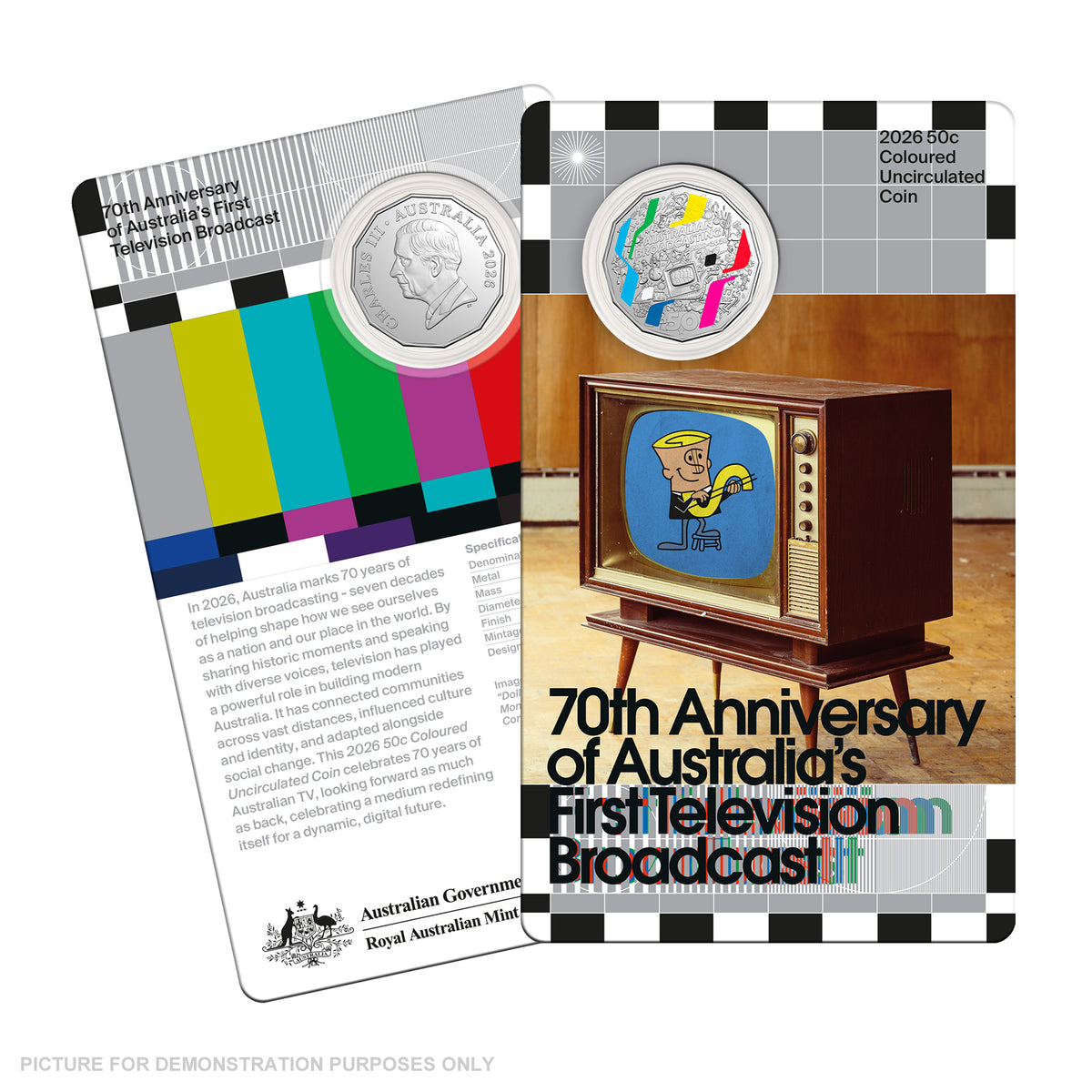 2026 RAM 50c Coloured Uncirculated Coin - First Television Broadcst 70th