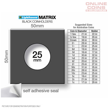 Lighthouse MATRIX BLACK 25mm Self Adhesive 2"x2" MATRIX Coin Holders (Suitable For Australian 10c Coins And Shillings)