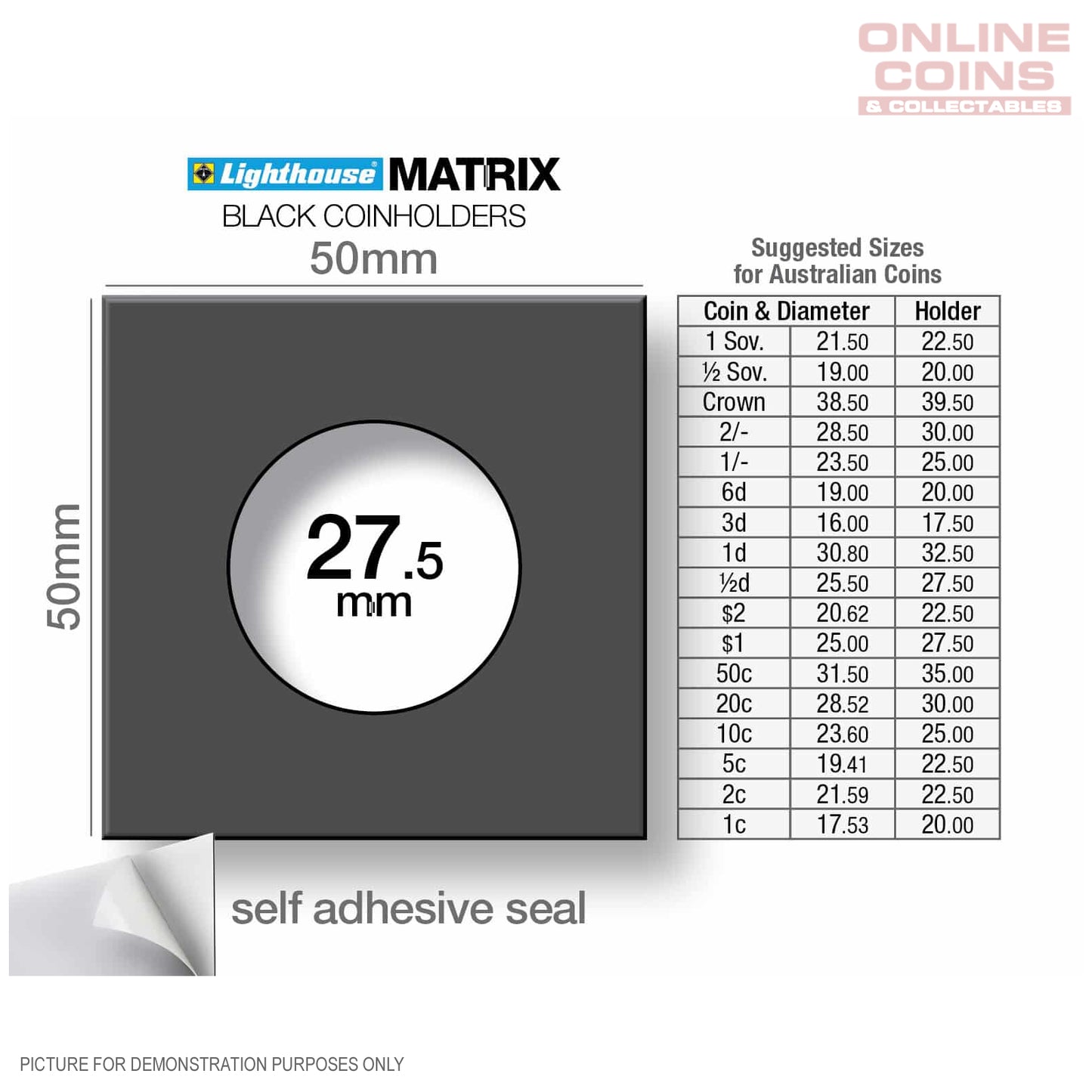 Lighthouse MATRIX BLACK 27.5mm Self Adhesive 2"x2" MATRIX Coin Holders x 25 (Suitable For Australian $1 Coins and Half-Pennies)