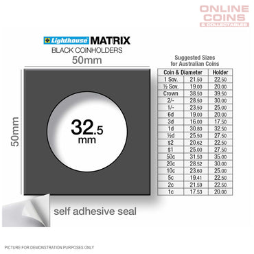 Lighthouse MATRIX BLACK 32.5mm Self Adhesive 2"x2" MATRIX Coin Holders x 25 (Suitable For Australian ROUND 50c Coins And Pennies)