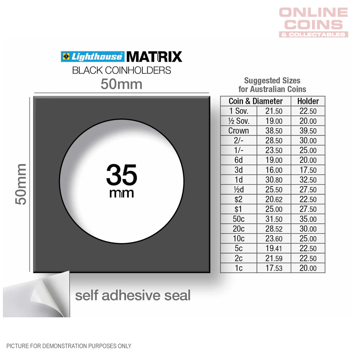 Lighthouse MATRIX BLACK 35mm Self Adhesive 2"x2" MATRIX Coin Holders x 25 (Suitable For Standard Australian 50c Coins)