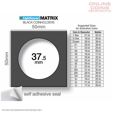 Lighthouse MATRIX BLACK 37.5mm Self Adhesive 2"x2" MATRIX Coin Holders x 25