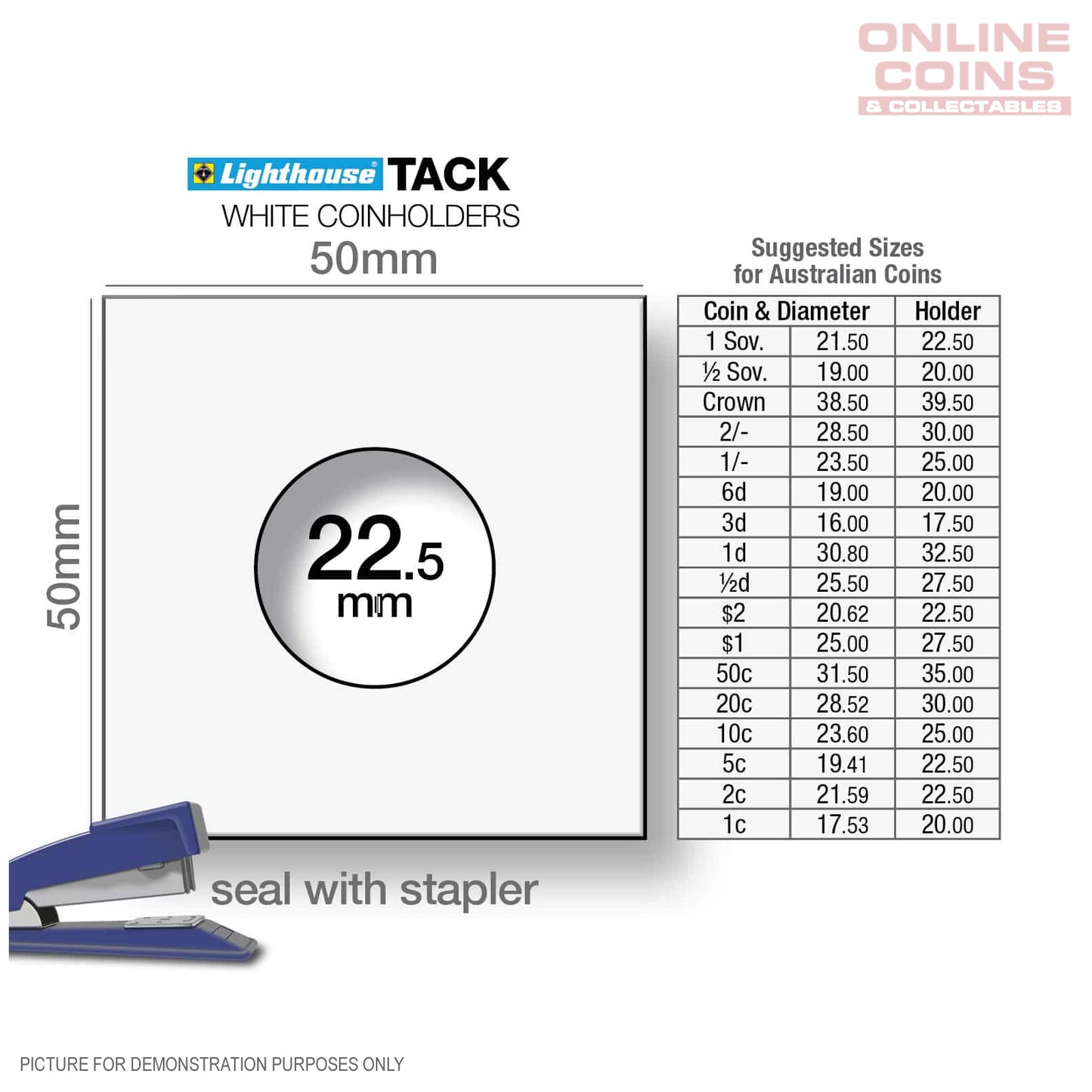 Lighthouse TACK 22.5mm Staple 2"x2" Coin Holders x 25 - Protection For Your Coins (Suitable For Australian 2c and $2 Coins)