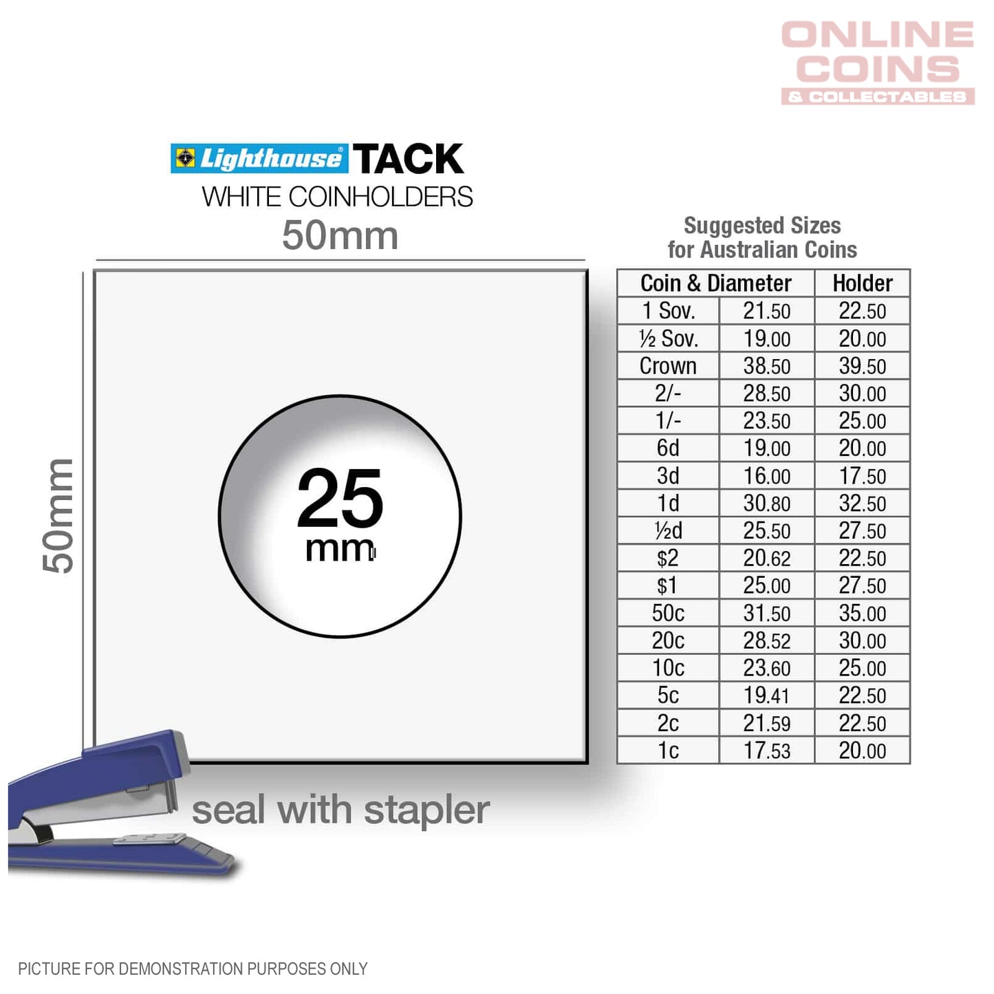Lighthouse TACK 25mm Staple 2"x2" Coin Holders - Protection For Your Coins (Suitable For Australian 10c Coins)