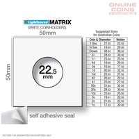 Lighthouse MATRIX WHITE 22.5mm Self Adhesive 2"x2" Coin Holders x 25 - Protection for your Coins (Suitable For Australian 2c and $2 Coins)
