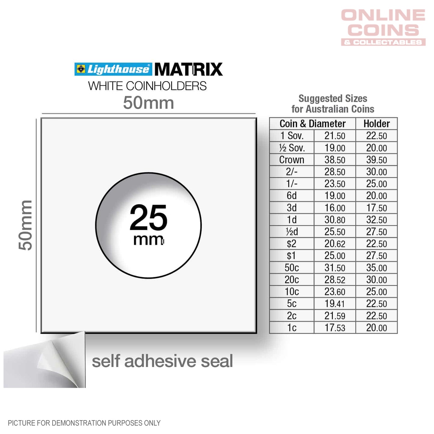 Lighthouse MATRIX WHITE 25mm Self Adhesive 2"x2" Coin Holders x 25 - Protection for your Coins (Suitable For Australian 10c Coins And Shillings)