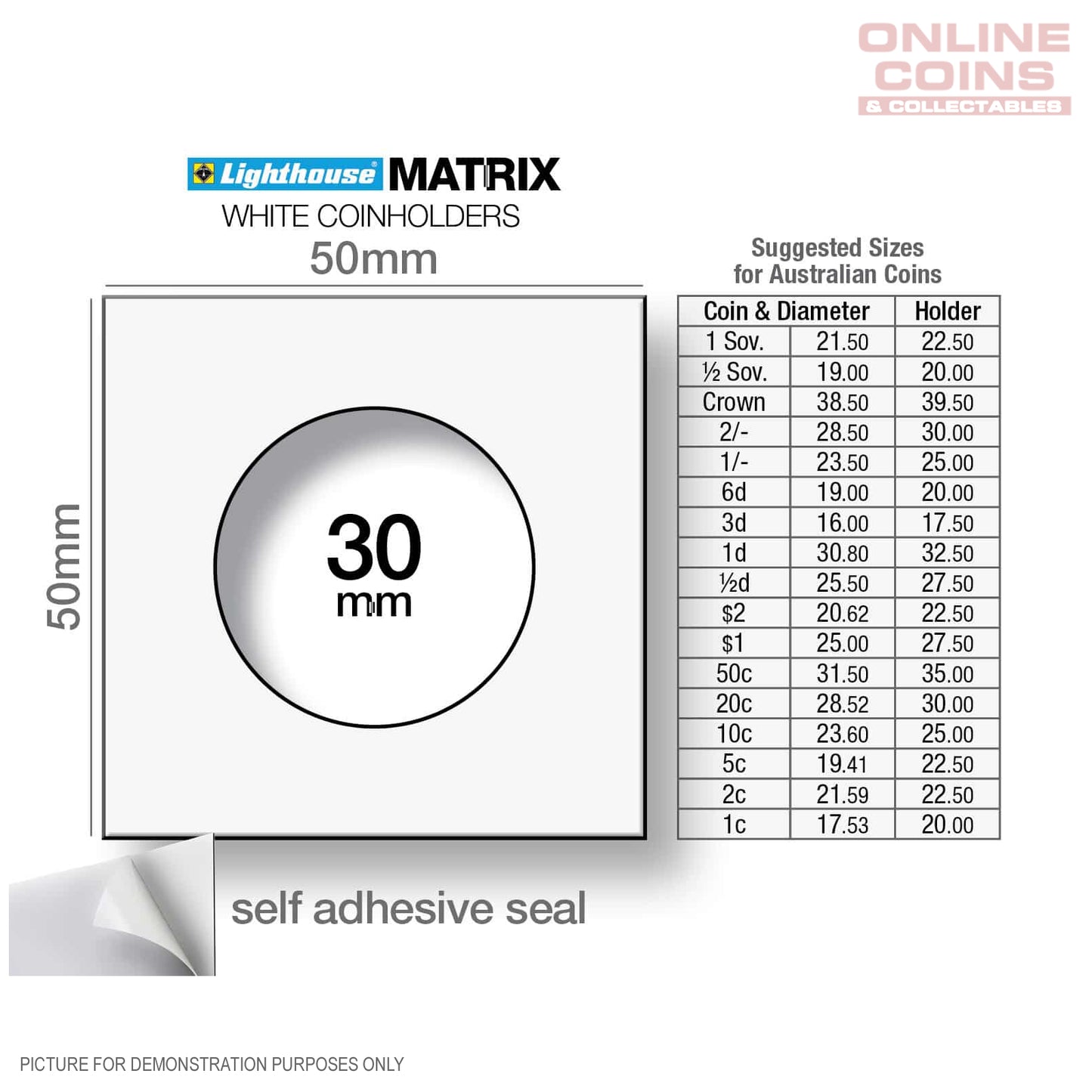 Lighthouse MATRIX WHITE 30mm Self Adhesive 2"x2" Coin Holders - Protection for your Coins (Suitable For Australian 20c And Florins)