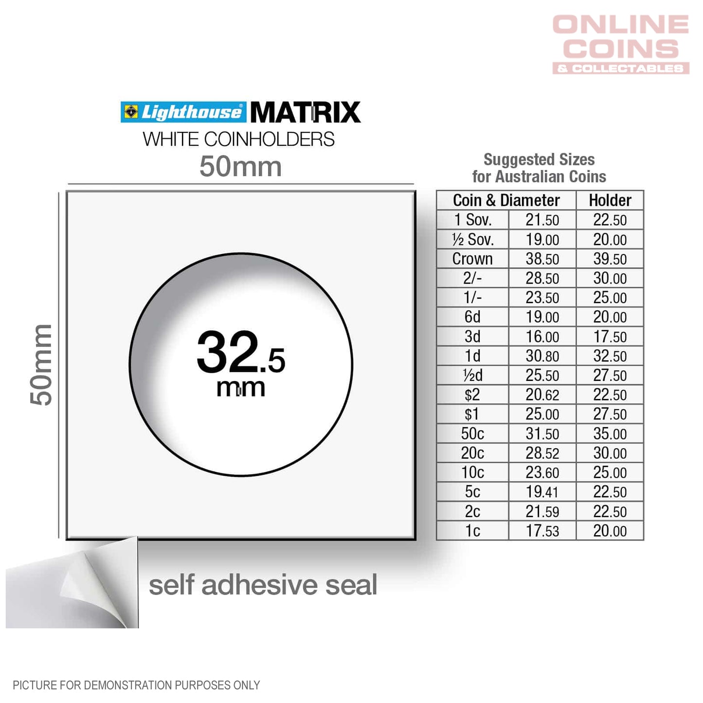 Lighthouse MATRIX WHITE 32.5mm Self Adhesive 2"x2" Coin Holders - Protection for your Coins (Suitable For Australian ROUND 50c Coins And Pennies)