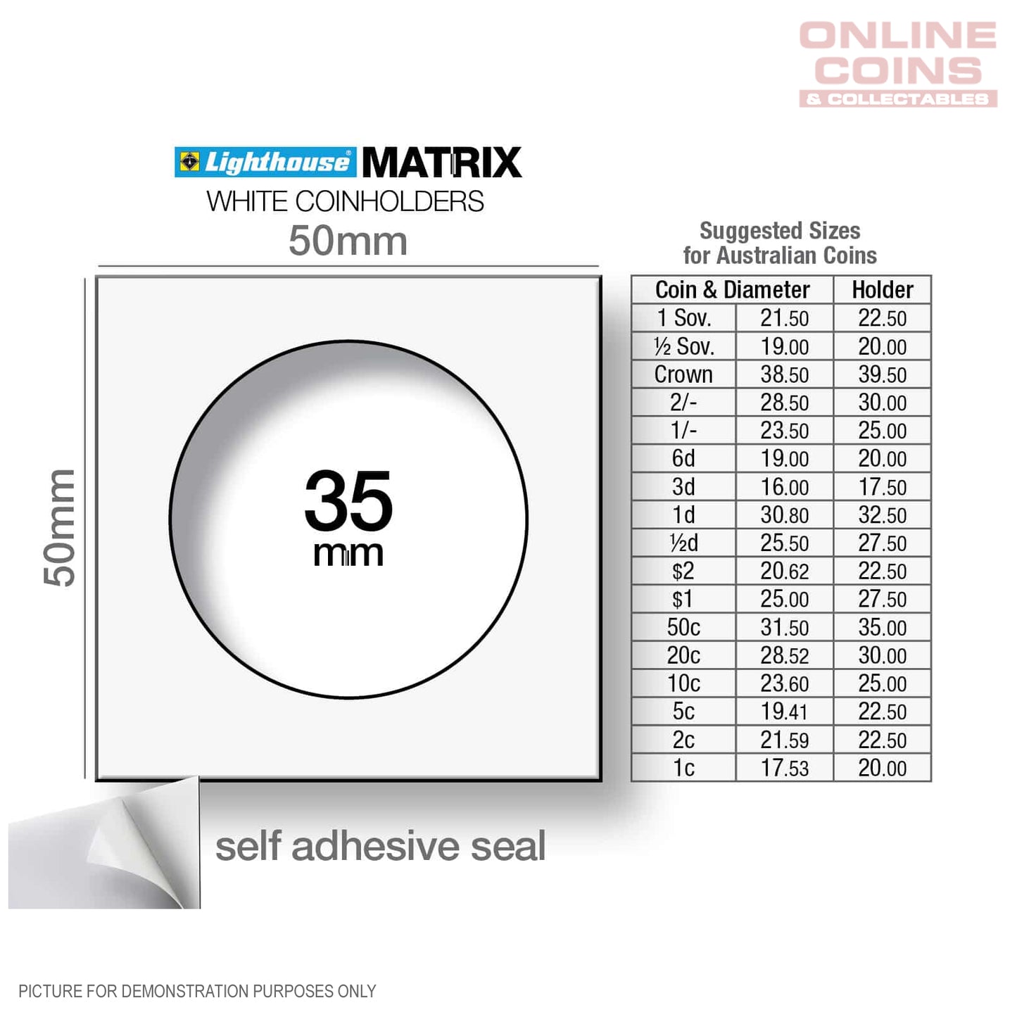 Lighthouse MATRIX WHITE 35mm Self Adhesive 2"x2" Coin Holders - Protection for your Coins (Suitable For Standard Australian 50c Coins)