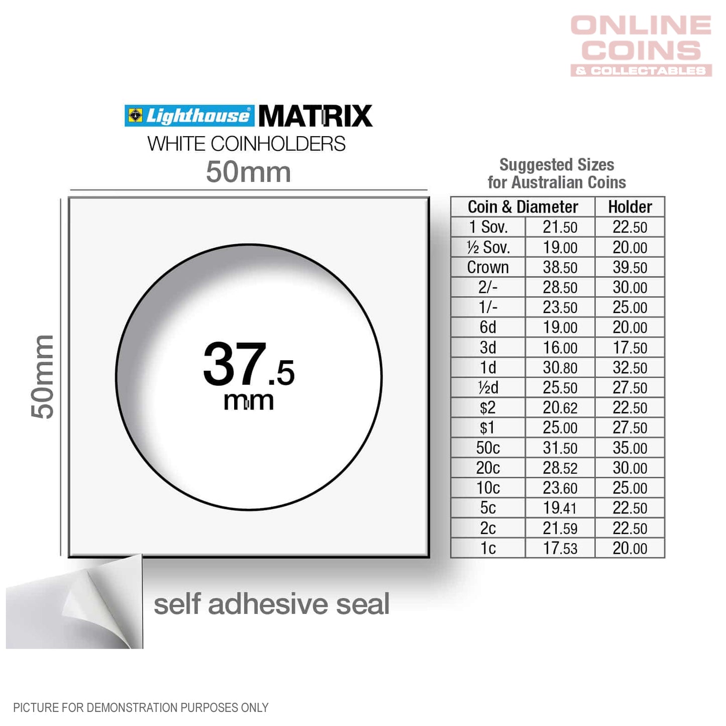 Lighthouse MATRIX WHITE 37.5mm Self Adhesive 2"x2" Coin Holders x 25 - Protection for your Coins